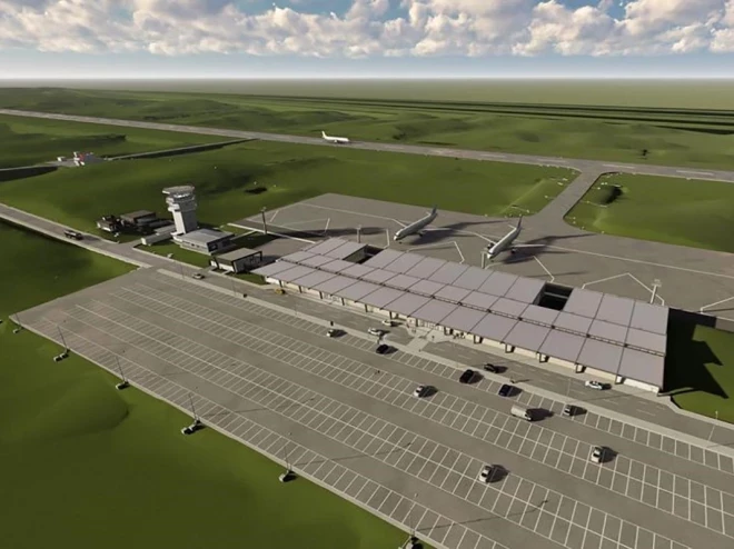 Imagem aérea em perspectiva mostra projeto do Aeroporto da Serra Gaúcha com terminal, torre de controle, aeronaves estacionadas, pistas de pouso e decolagem e amplo estacionamento, cercado por áreas verdes.  