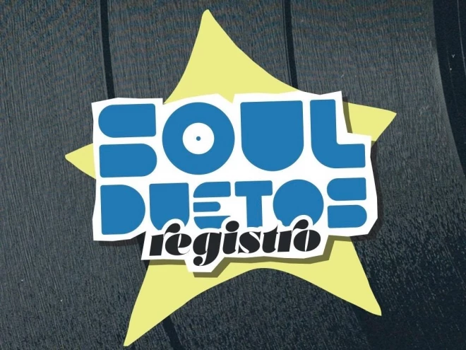 Logomarca do projeto Soul Duetos em destaque, com tipografia estilizada nas cores azul, branco e preto sobre uma estrela amarela. A nova identidade visual combina elementos inspirados na cultura musical e na estética retrô.