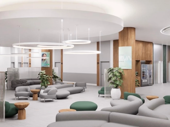 Projeto do Espaço Vida Unimed mostra a futura área de recepção da unidade no Bourbon Shopping San Pellegrino, em Caxias do Sul, com ambiente moderno, integrado e voltado ao acolhimento dos pacientes.